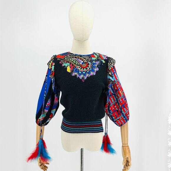 RARE 80s Marisa Christina Black Wool + Colored Silk Puff Sleeve Beaded Blouse - Picture 1 of 8